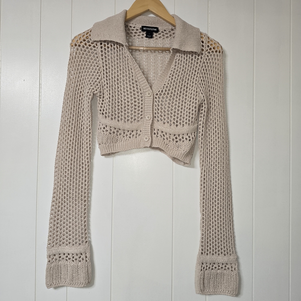 PrettyLittleThing Cream Open-Weave Cropped Cardigan